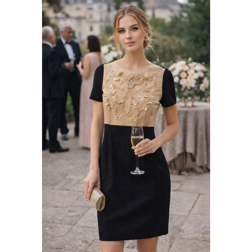 Sandro Paris Color Block Mini‎ Dress 2 Black Beige Elegant Embellished Bow Silk